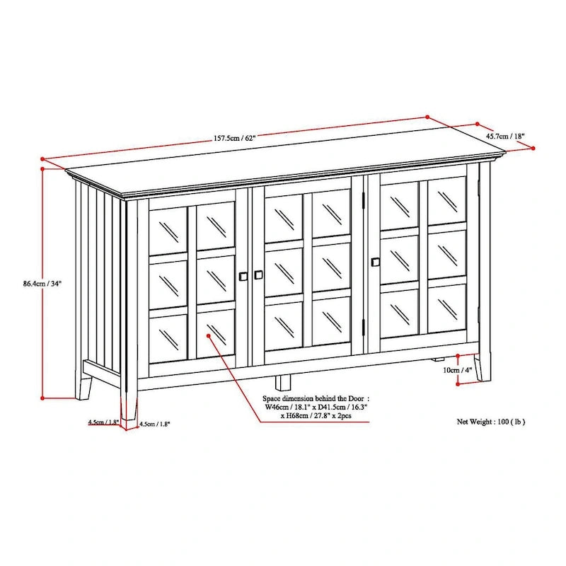 Credenza di transizione in LEGNO MASSELLO, larga 157 cm, con ampi vani - 157 l x 45 p x 86 h cm