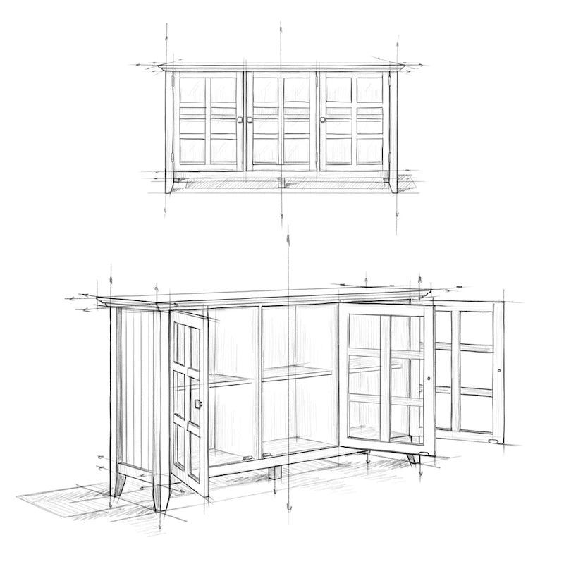 Credenza di transizione in LEGNO MASSELLO, larga 157 cm, con ampi vani - 157 l x 45 p x 86 h cm