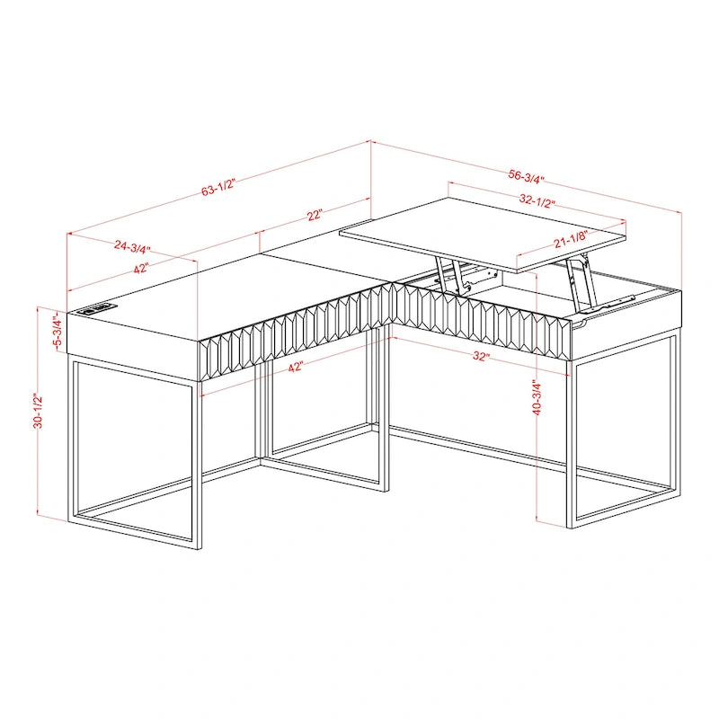 Scrivania angolare con piano sollevabile in metallo e USB