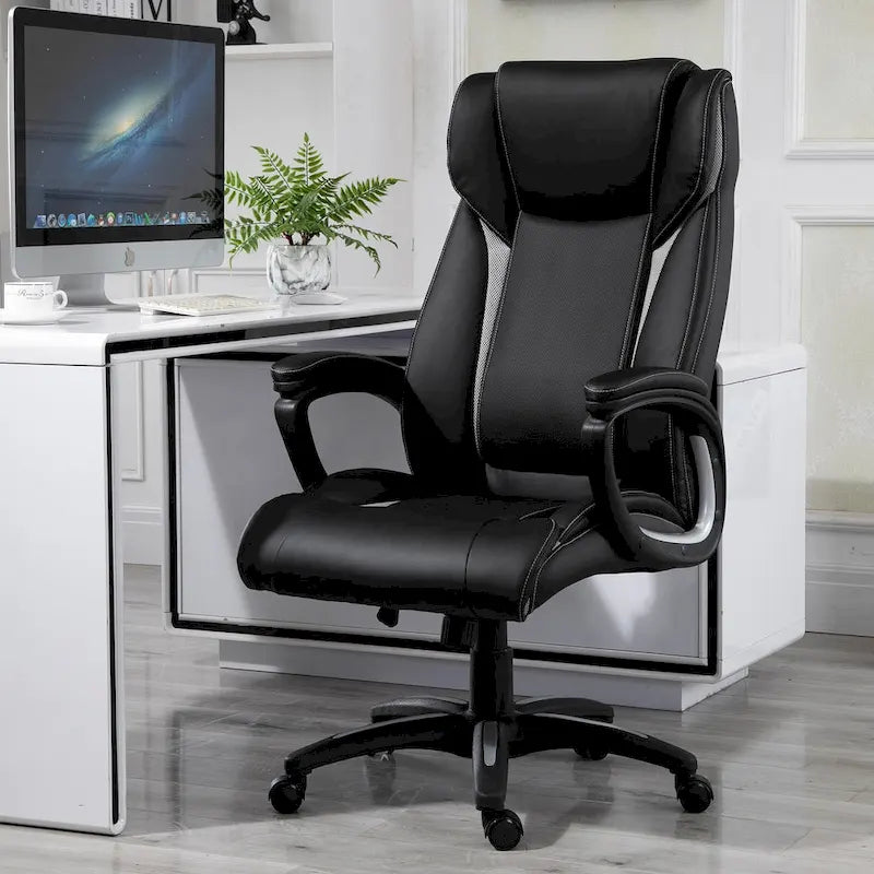 Sedia da ufficio ergonomica, altezza regolabile, in pelle PU, con funzione a dondolo, girevole a 360°, per casa e ufficio, nera