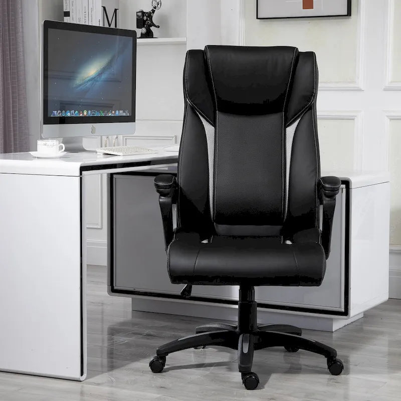 Sedia da ufficio ergonomica, altezza regolabile, in pelle PU, con funzione a dondolo, girevole a 360°, per casa e ufficio, nera