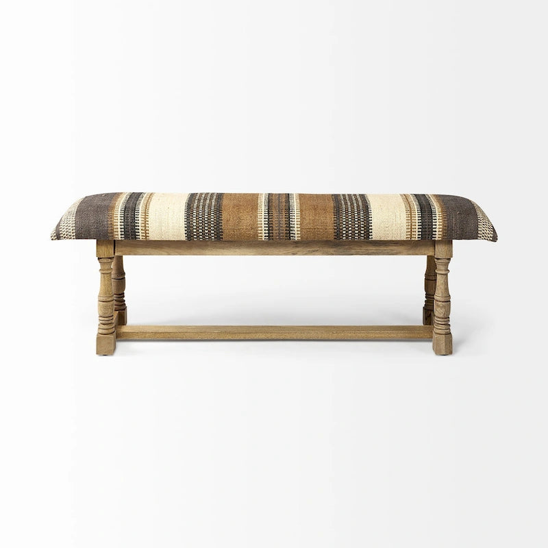 Panca Greenfield I marrone e beige a motivo in iuta con cornice in legno - 59L x 14.3P x 19H