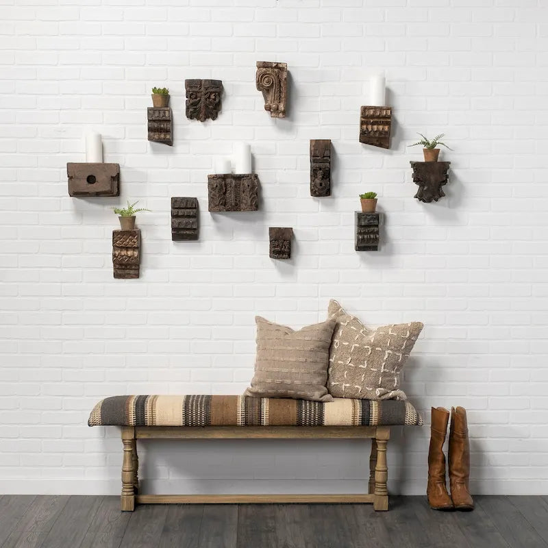 Panca Greenfield I marrone e beige a motivo in iuta con cornice in legno - 59L x 14.3P x 19H