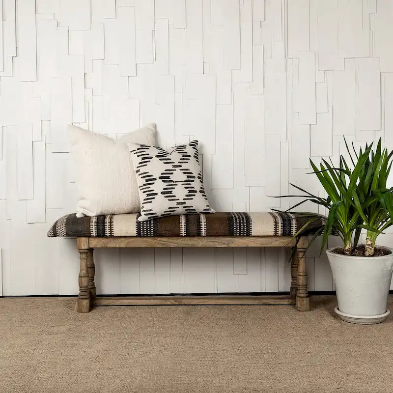 Panca Greenfield I marrone e beige a motivo in iuta con cornice in legno - 59L x 14.3P x 19H