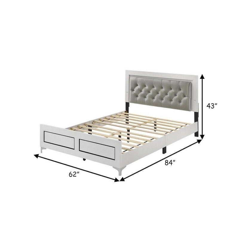 Elegante Letto Matrimoniale Queen Size, Profili LED, Testiera Trapuntata con Bottoni, Bianco