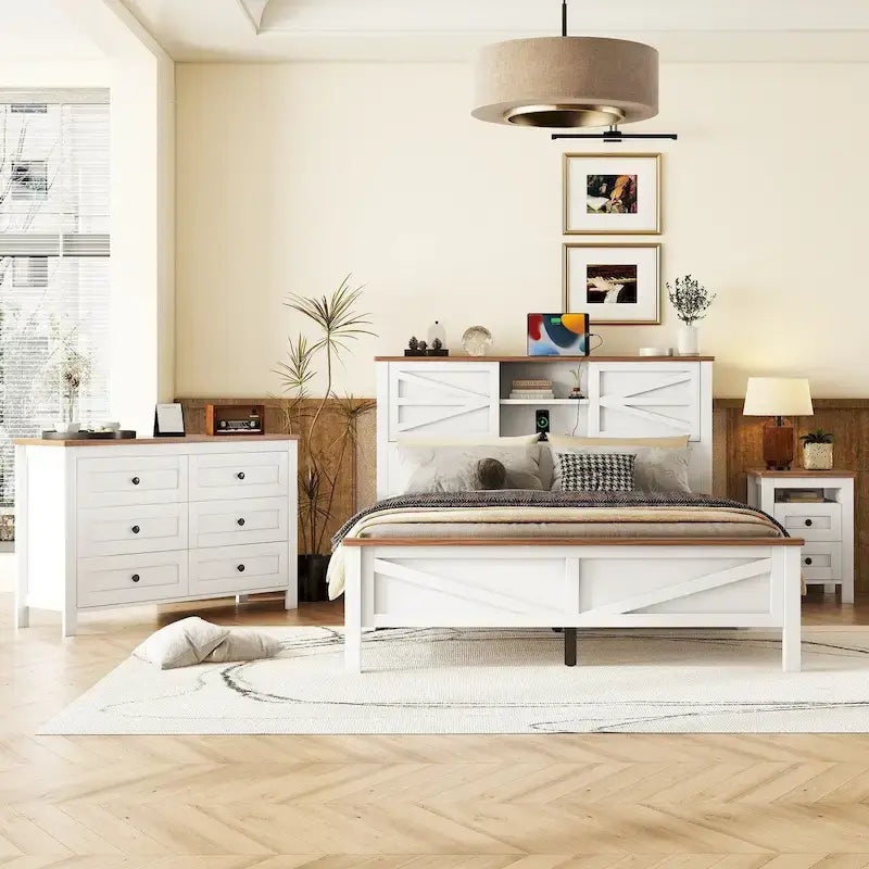 Set 3 Pezzi Camera da Letto Letto a Piattaforma Stile Fattoria con Comodino e Comò