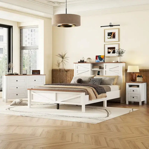 Set 3 Pezzi Camera da Letto Letto a Piattaforma Stile Fattoria con Comodino e Comò