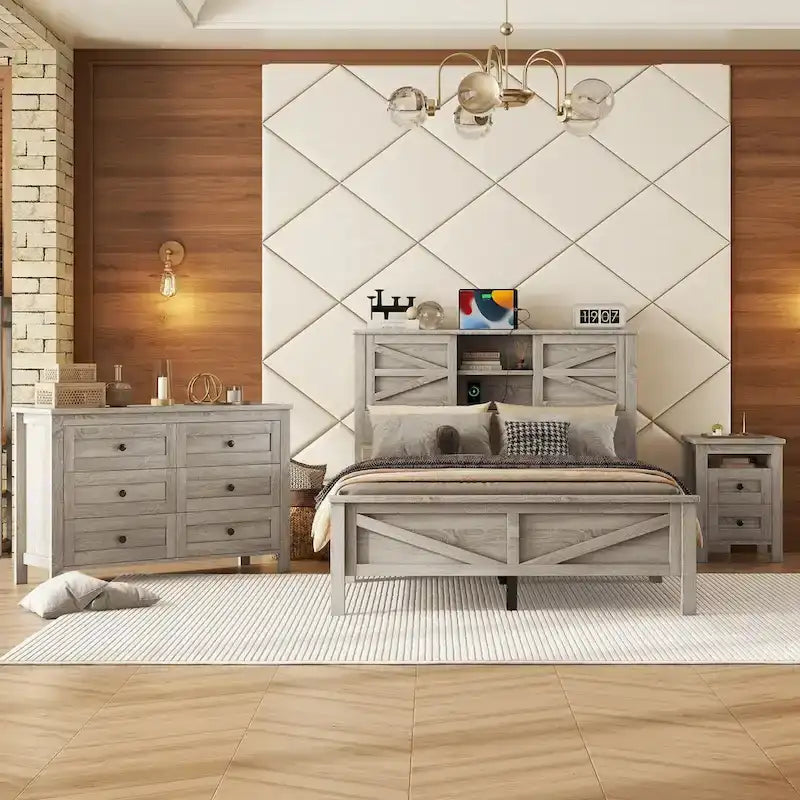 Set 3 Pezzi Camera da Letto Letto a Piattaforma Stile Fattoria con Comodino e Comò