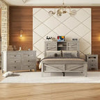 Set 3 Pezzi Camera da Letto Letto a Piattaforma Stile Fattoria con Comodino e Comò