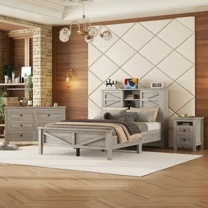 Set 3 Pezzi Camera da Letto Letto a Piattaforma Stile Fattoria con Comodino e Comò