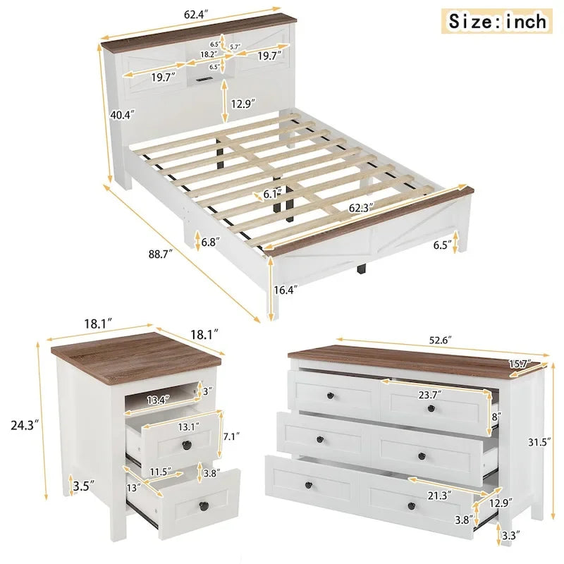 Set 3 Pezzi Camera da Letto Letto a Piattaforma Stile Fattoria con Comodino e Comò