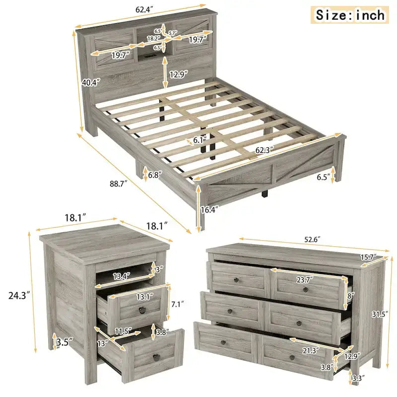 Set 3 Pezzi Camera da Letto Letto a Piattaforma Stile Fattoria con Comodino e Comò