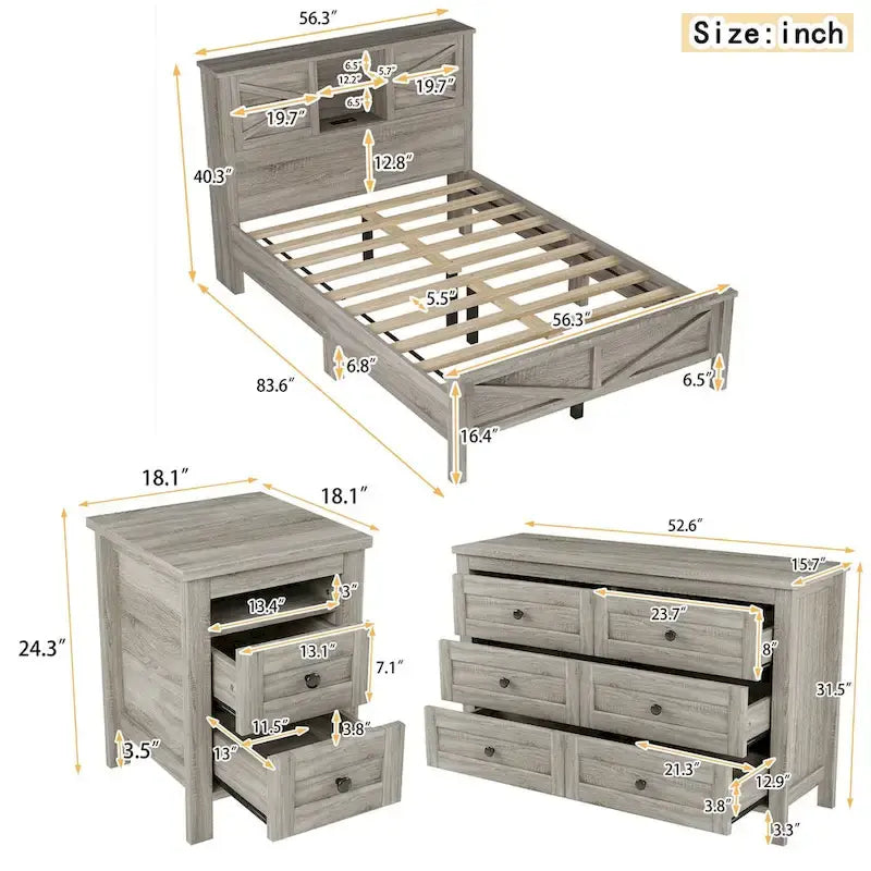 Set 3 Pezzi Camera da Letto Letto a Piattaforma Stile Fattoria con Comodino e Comò