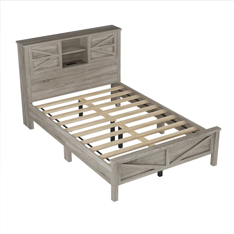 Set 3 Pezzi Camera da Letto Letto a Piattaforma Stile Fattoria con Comodino e Comò