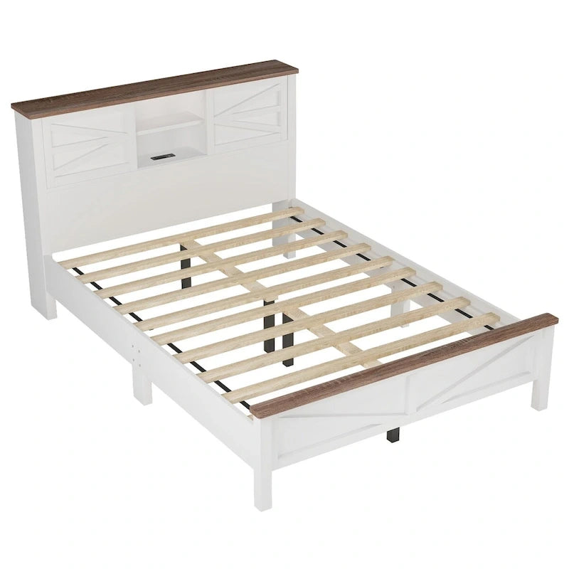 Set 3 Pezzi Camera da Letto Letto a Piattaforma Stile Fattoria con Comodino e Comò