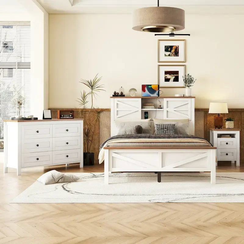 Set 3 Pezzi Camera da Letto Letto a Piattaforma Stile Fattoria con Comodino e Comò