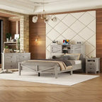 Set 3 Pezzi Camera da Letto Letto a Piattaforma Stile Fattoria con Comodino e Comò