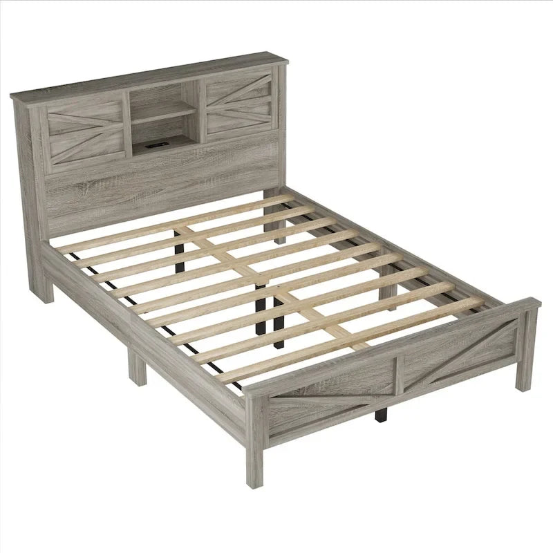 Set 3 Pezzi Camera da Letto Letto a Piattaforma Stile Fattoria con Comodino e Comò