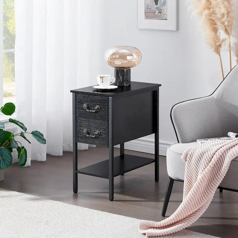 Comodino industriale stretto a 2 cassetti, tavolino laterale
