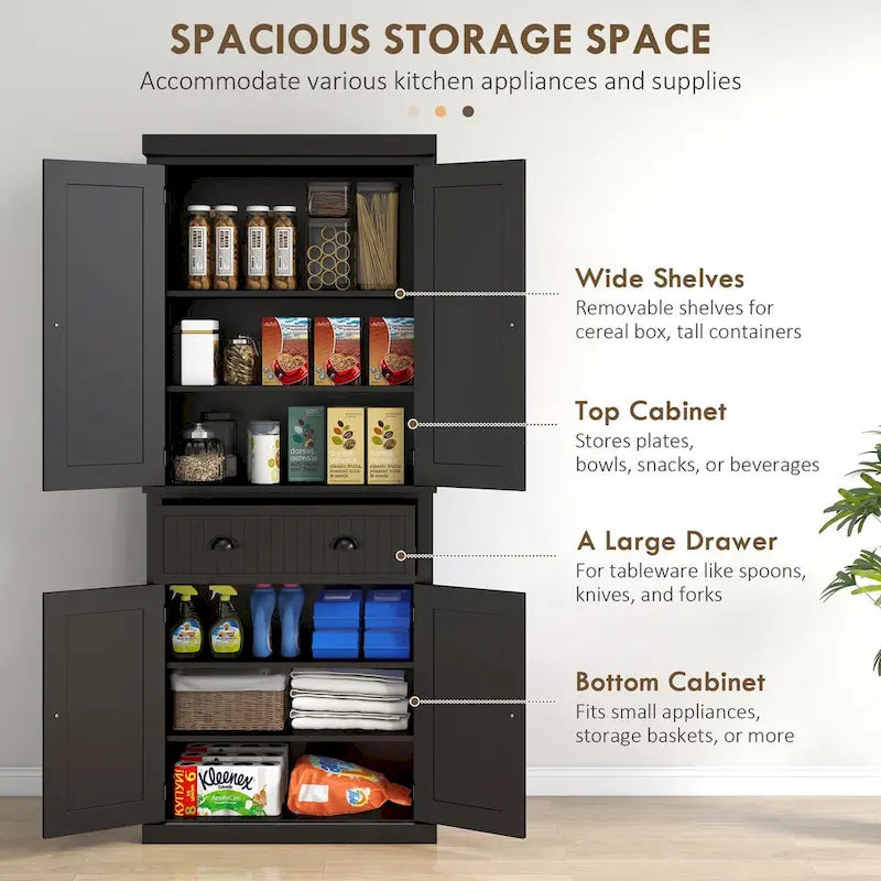 Dispensa da Cucina da 72", Armadietto Alto, Credenza Autoportante con Cassetto, Ante e Ripiani Regolabili