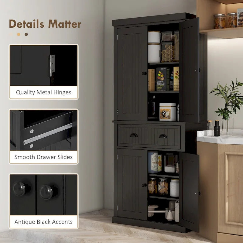 Dispensa da Cucina da 72", Armadietto Alto, Credenza Autoportante con Cassetto, Ante e Ripiani Regolabili