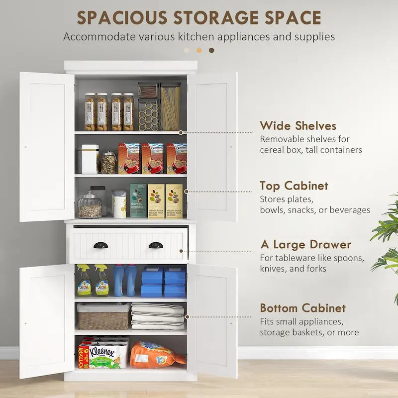 Dispensa da Cucina da 72", Armadietto Alto, Credenza Autoportante con Cassetto, Ante e Ripiani Regolabili