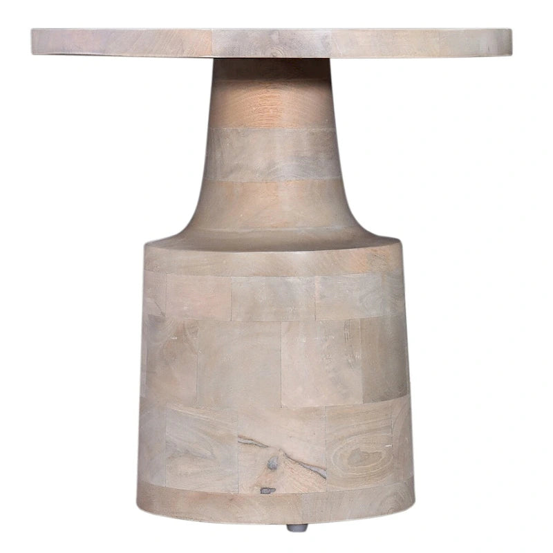 Tavolino rotondo, 45 cm di diametro, con base a piedistallo, in legno di quercia bianco e mango