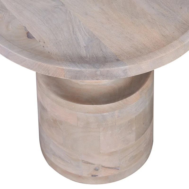 Tavolino rotondo, 45 cm di diametro, con base a piedistallo, in legno di quercia bianco e mango
