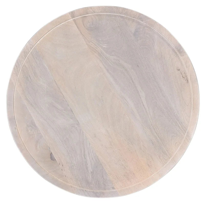 Tavolino rotondo, 45 cm di diametro, con base a piedistallo, in legno di quercia bianco e mango