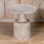 Tavolino rotondo, 45 cm di diametro, con base a piedistallo, in legno di quercia bianco e mango