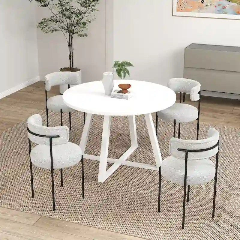 Set da pranzo rotondo da 5 pezzi, tavolo da pranzo con base a cavalletto e 4 sedie in tessuto bouclé