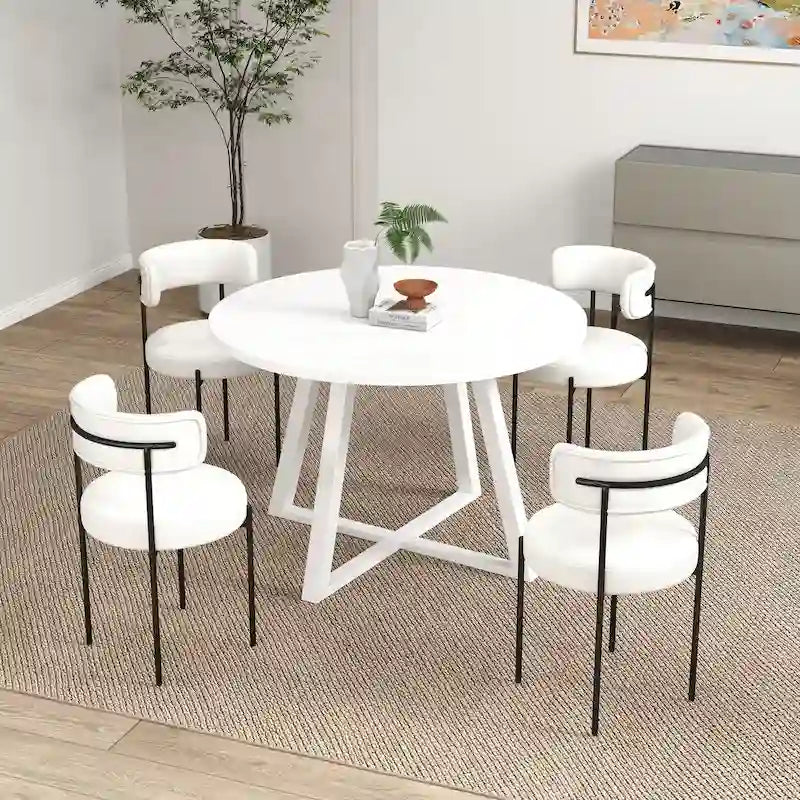 Set da pranzo rotondo da 5 pezzi, tavolo da pranzo con base a cavalletto e 4 sedie in tessuto bouclé