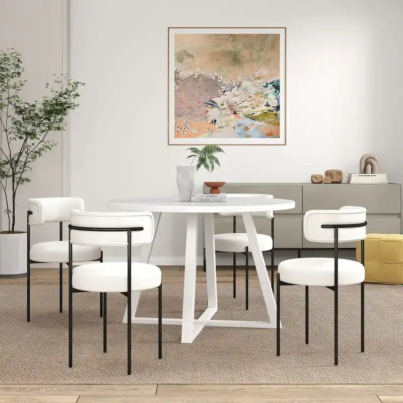 Set da pranzo rotondo da 5 pezzi, tavolo da pranzo con base a cavalletto e 4 sedie in tessuto bouclé