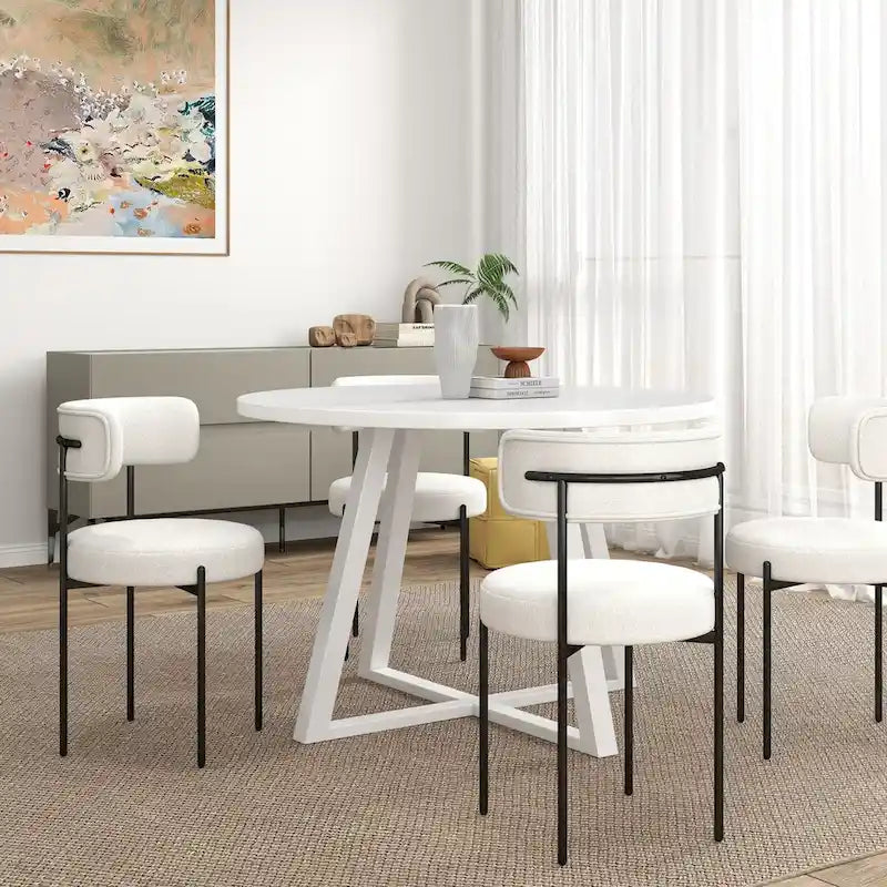 Set da pranzo rotondo da 5 pezzi, tavolo da pranzo con base a cavalletto e 4 sedie in tessuto bouclé
