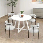 Set da pranzo rotondo da 5 pezzi, tavolo da pranzo con base a cavalletto e 4 sedie in tessuto bouclé