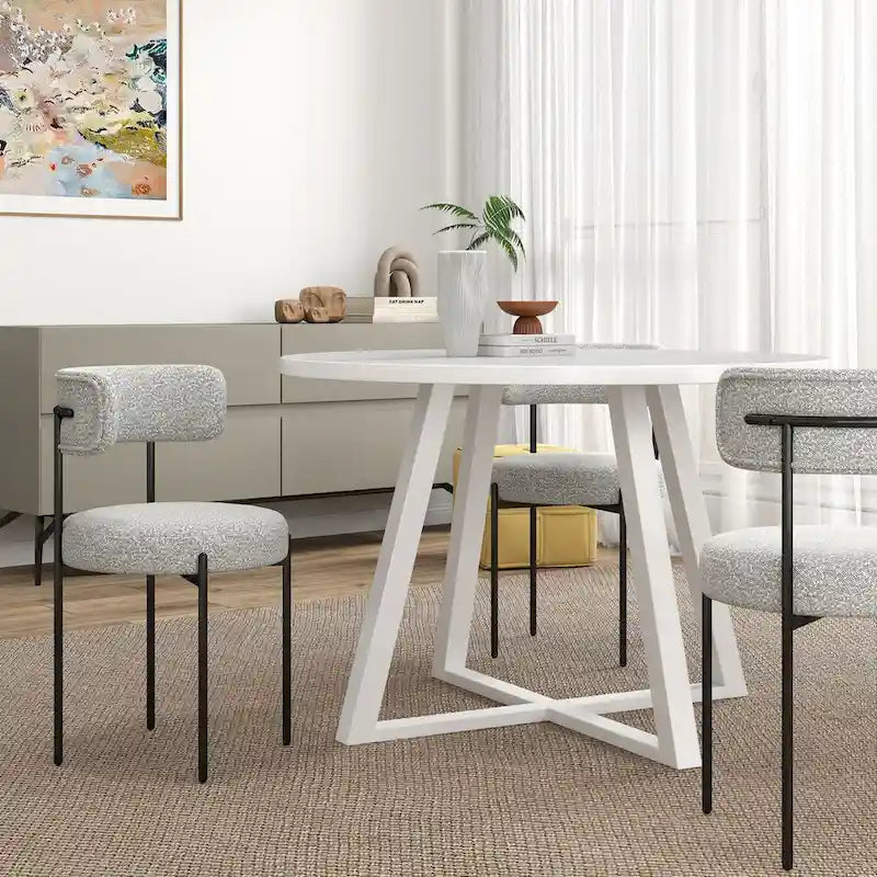 Set da pranzo rotondo da 5 pezzi, tavolo da pranzo con base a cavalletto e 4 sedie in tessuto bouclé