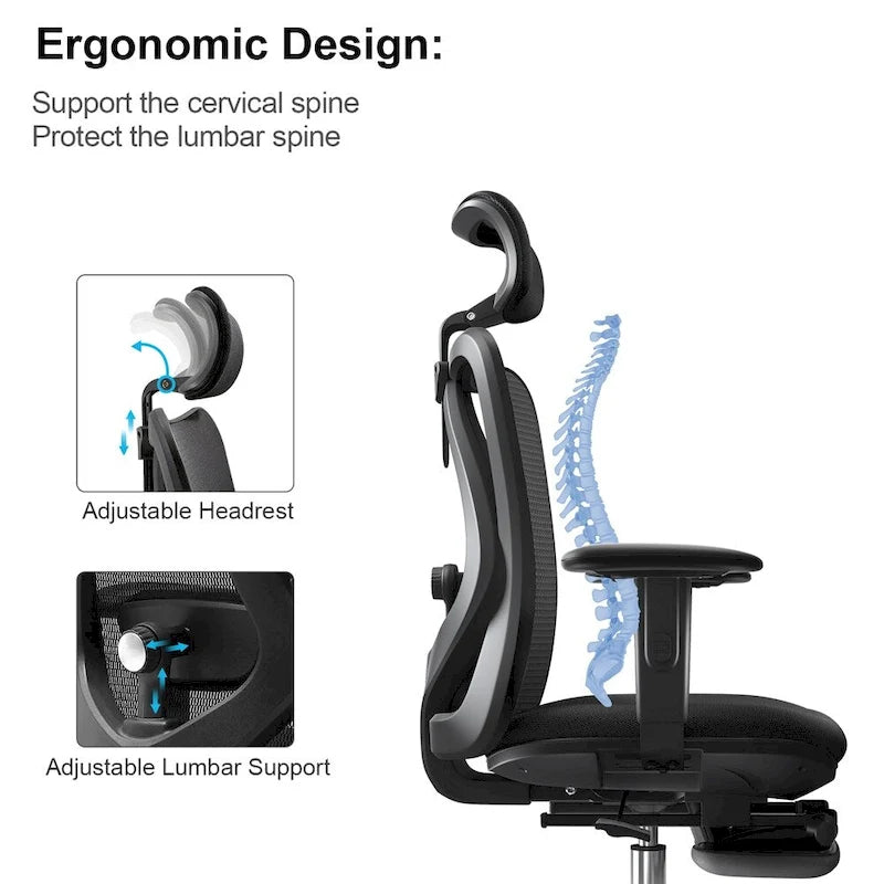 Sedia da Ufficio Ergonomica con Poggiapiedi, Schienale Alto per Persone Robuste, Nera - 68*70*130