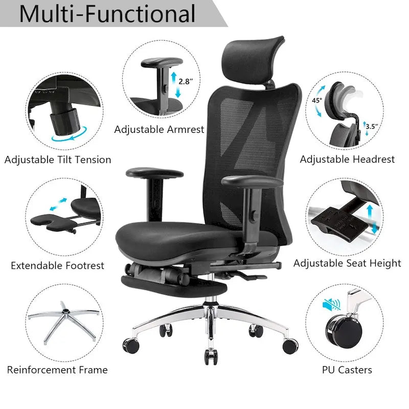 Sedia da Ufficio Ergonomica con Poggiapiedi, Schienale Alto per Persone Robuste, Nera - 68*70*130