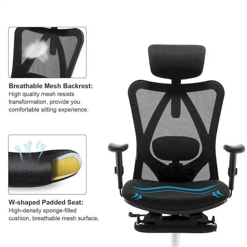 Sedia da Ufficio Ergonomica con Poggiapiedi, Schienale Alto per Persone Robuste, Nera - 68*70*130