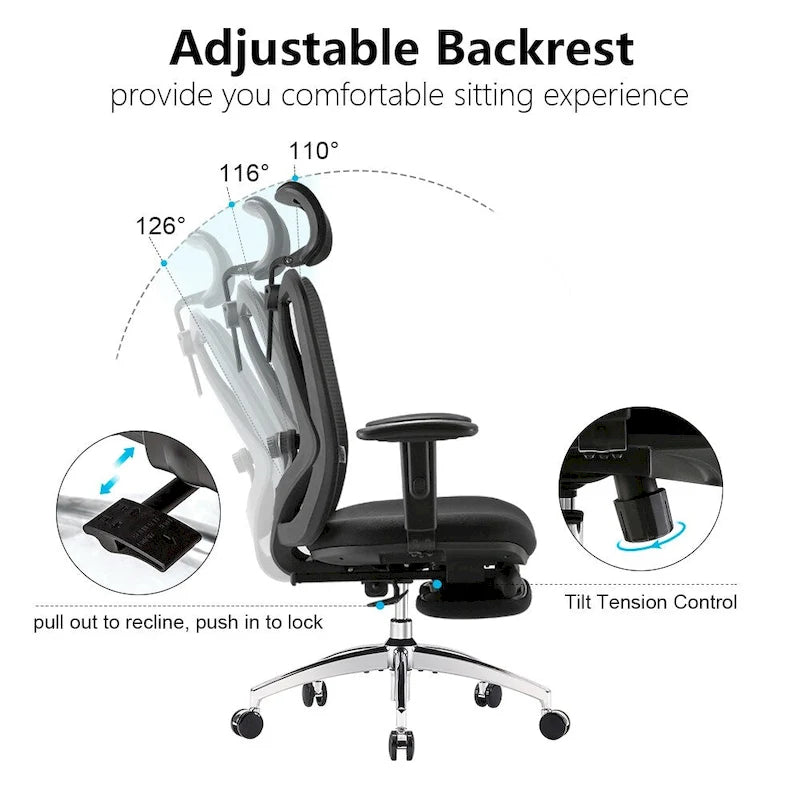 Sedia da Ufficio Ergonomica con Poggiapiedi, Schienale Alto per Persone Robuste, Nera - 68*70*130
