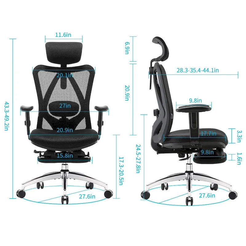 Sedia da Ufficio Ergonomica con Poggiapiedi, Schienale Alto per Persone Robuste, Nera - 68*70*130
