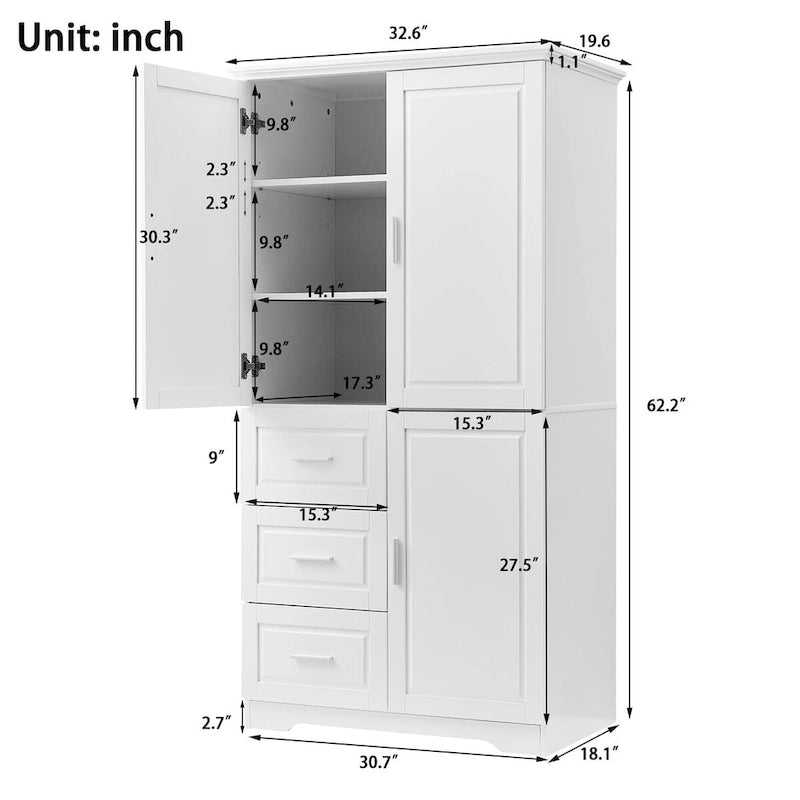 Armadio portaoggetti con ante e tre cassetti, 81 cm L x 183 cm H