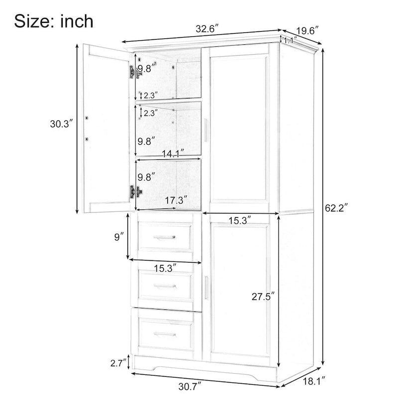 Armadio portaoggetti con ante e tre cassetti, 81 cm L x 183 cm H