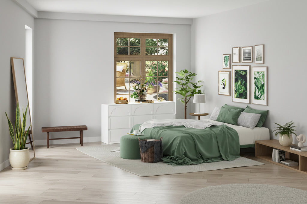 Comò bianco a 9 cassetti con design moderno e caratteristiche di sicurezza