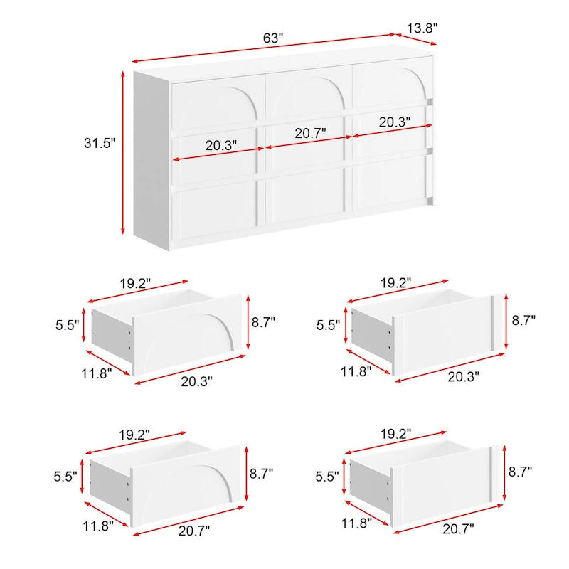 Comò bianco a 9 cassetti con design moderno e caratteristiche di sicurezza